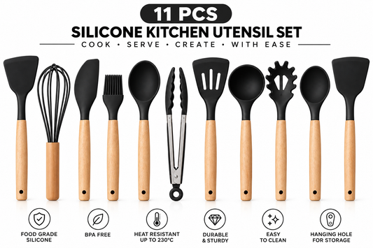 11-Piece Premium Silicone Kitchen Utensil Set | Wood Handles