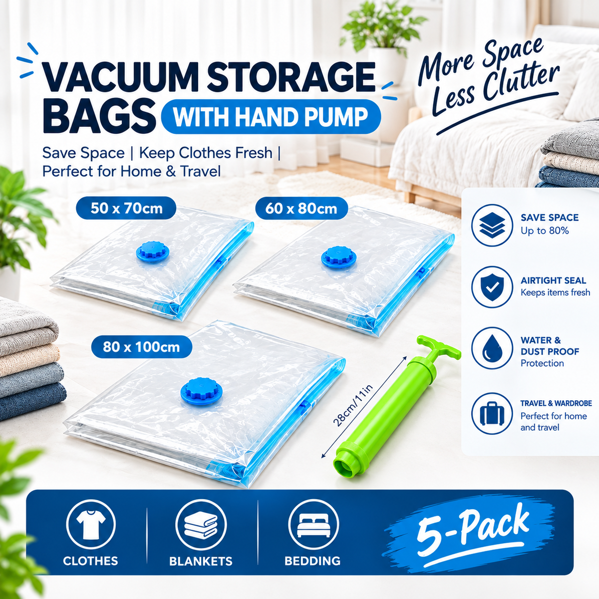 Premium 5-Pack Vacuum Storage Bags with Hand Pump