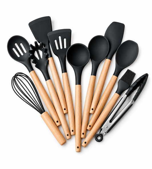 11-Piece Premium Silicone Kitchen Utensil Set | Wood Handles
