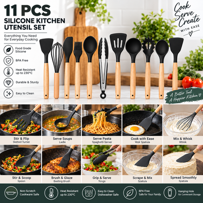 11-Piece Premium Silicone Kitchen Utensil Set | Wood Handles
