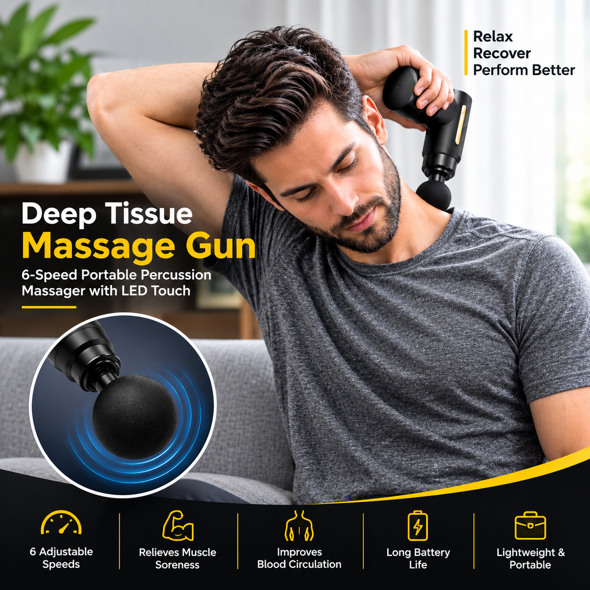 Deep Tissue Massage Gun – 6-Speed Portable Percussion Massager with 4 Heads