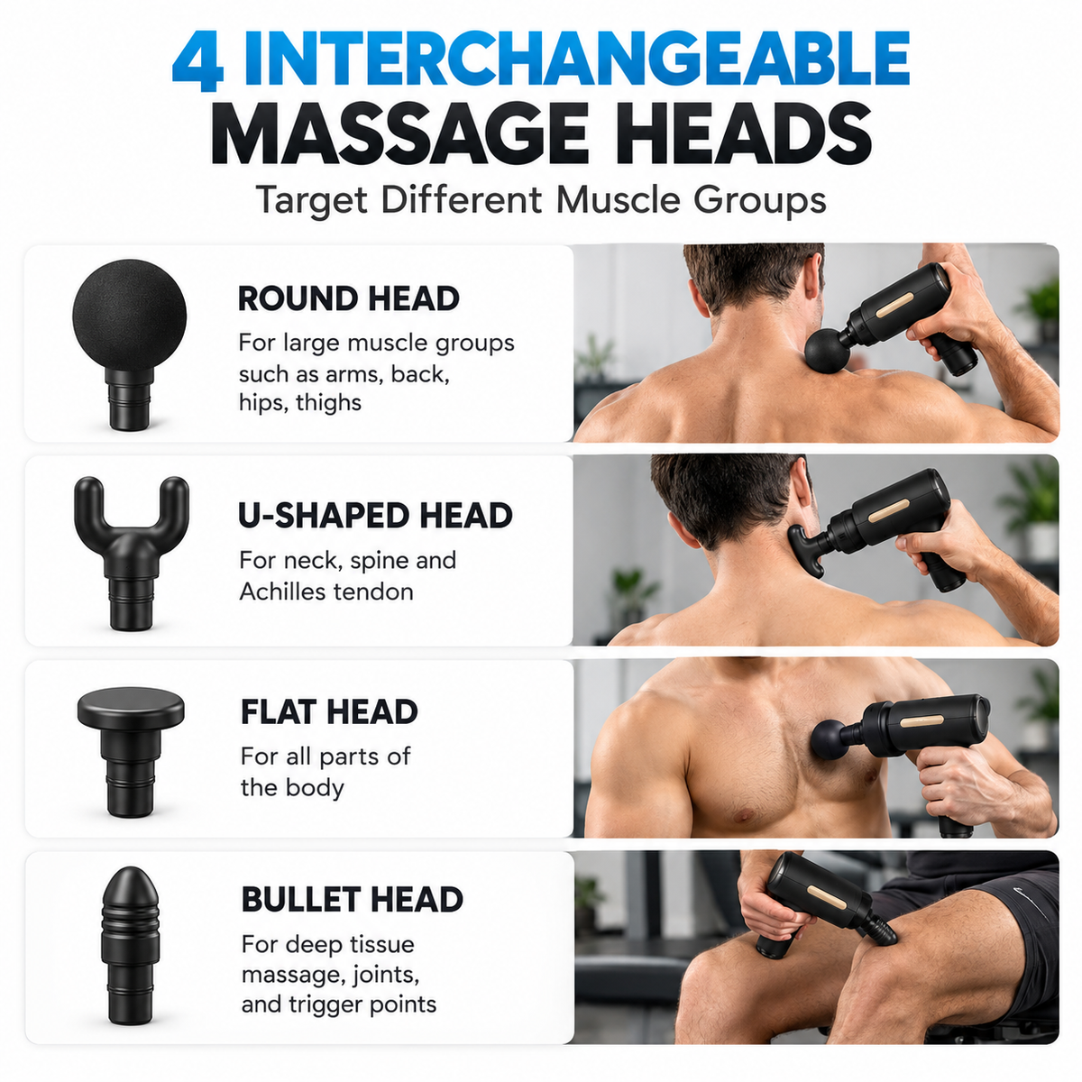 Deep Tissue Massage Gun – 6-Speed Portable Percussion Massager with 4 Heads