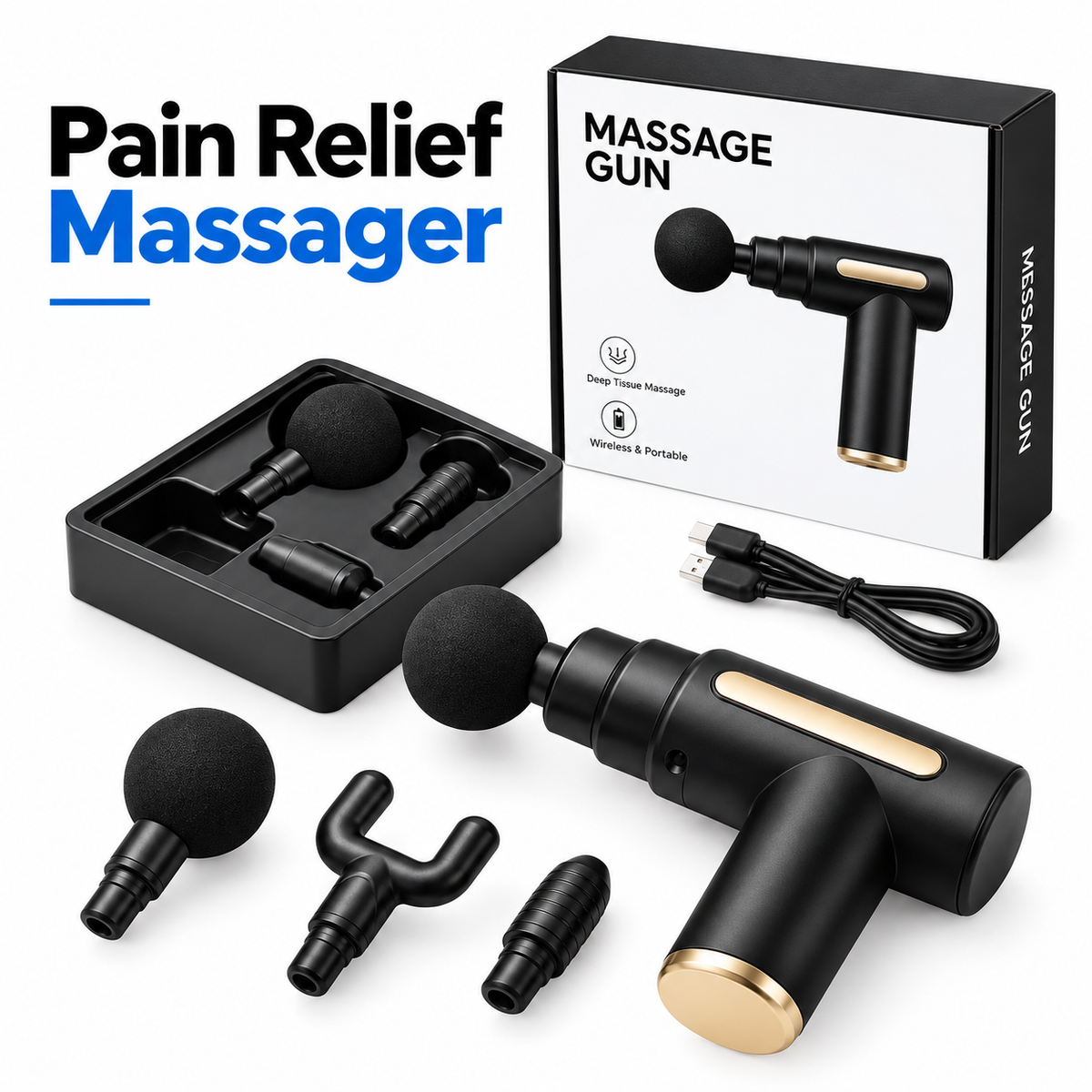 Deep Tissue Massage Gun – 6-Speed Portable Percussion Massager with 4 Heads