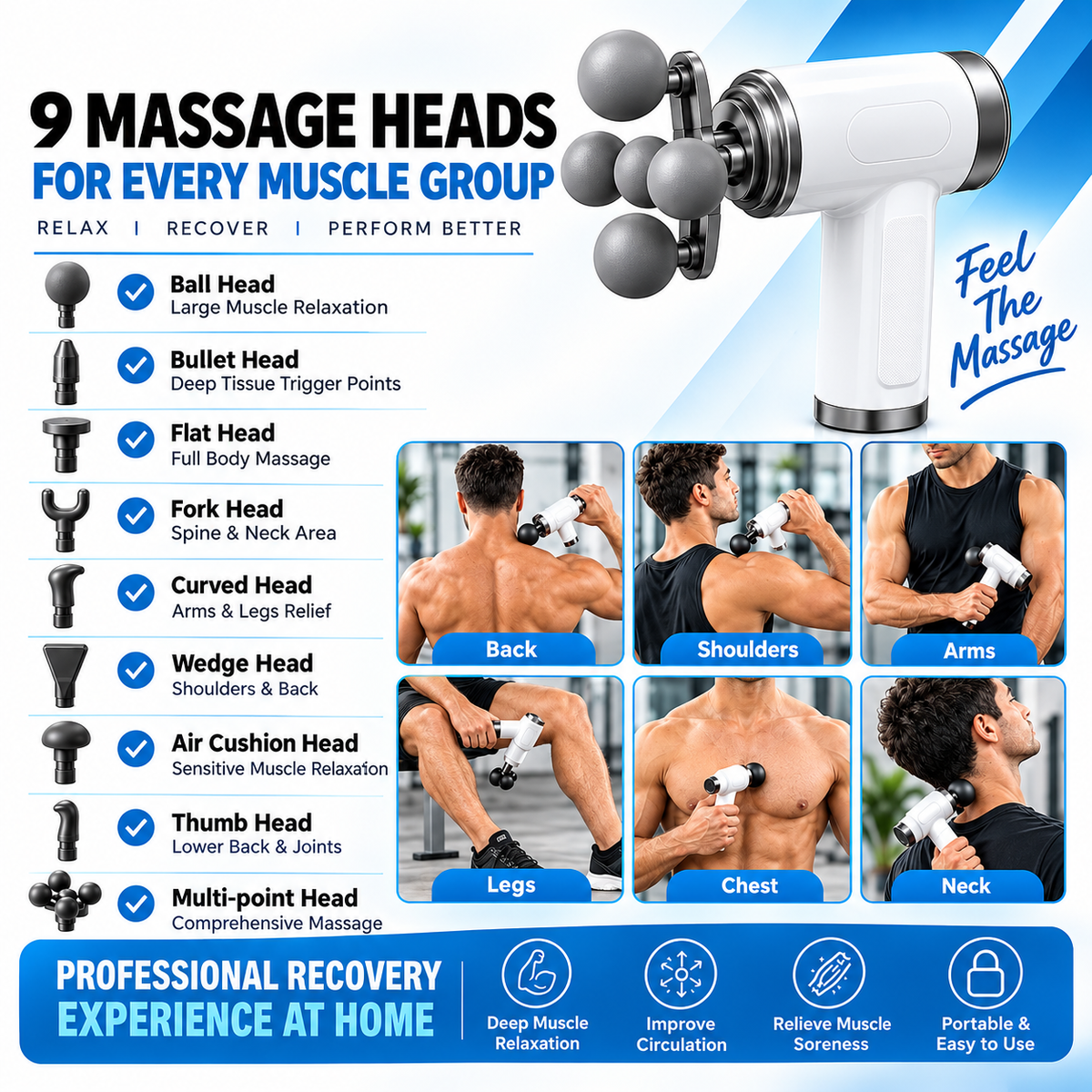 Deep Tissue Fascia Massage Gun with 9 Interchangeable Heads