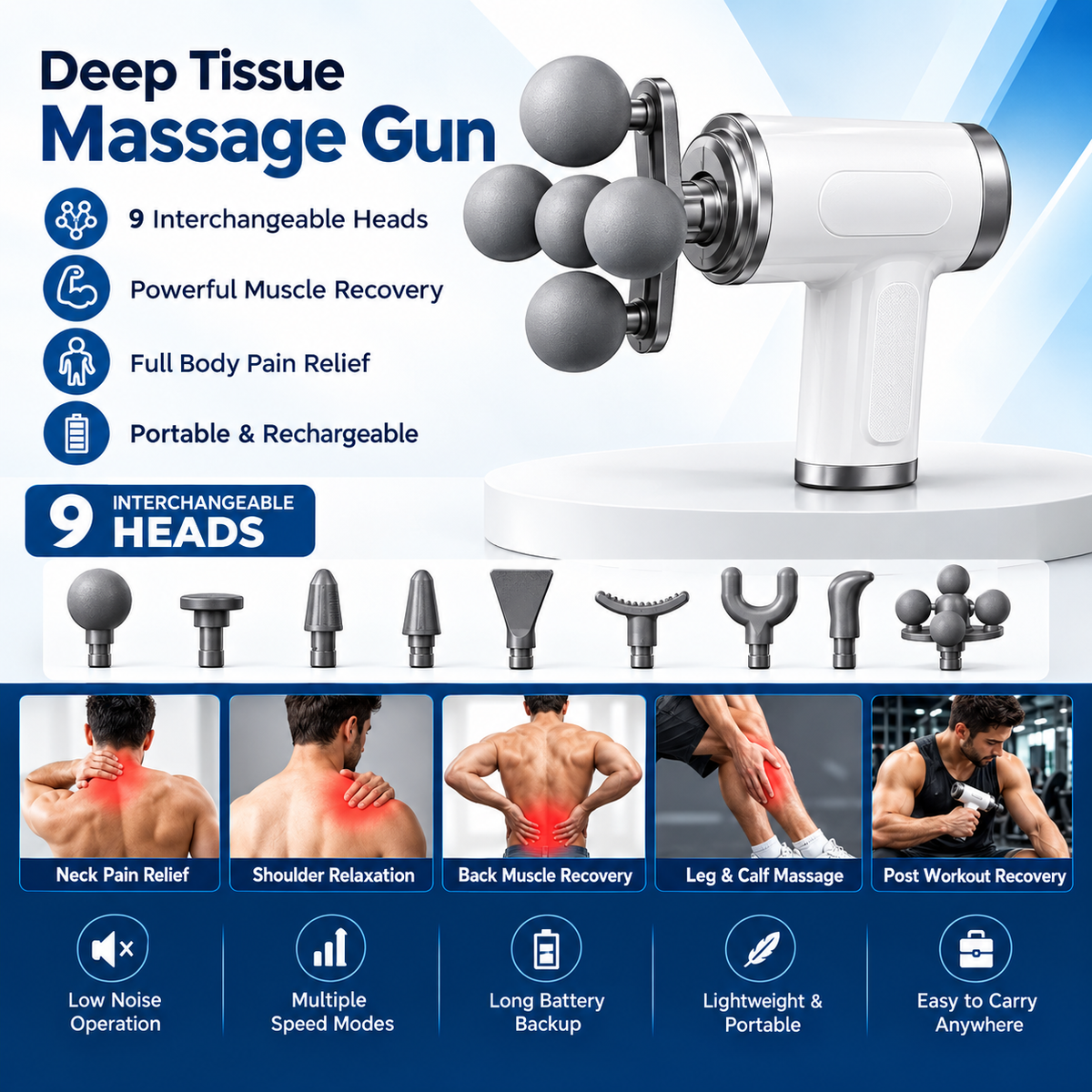 Deep Tissue Fascia Massage Gun with 9 Interchangeable Heads