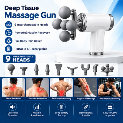 Deep Tissue Fascia Massage Gun with 9 Interchangeable Heads