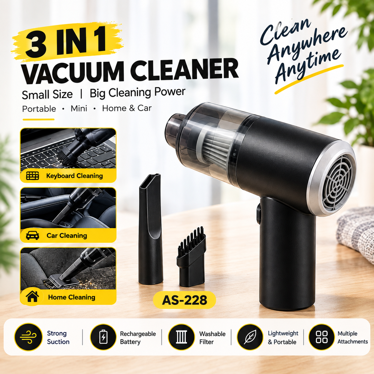 3-in-1 Wireless Car Vacuum | Portable Air Duster & Sealer