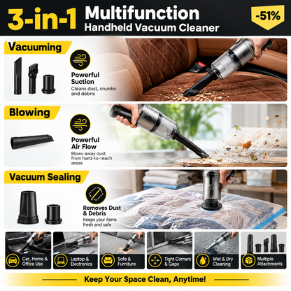3-in-1 Wireless Car Vacuum | Portable Air Duster & Sealer