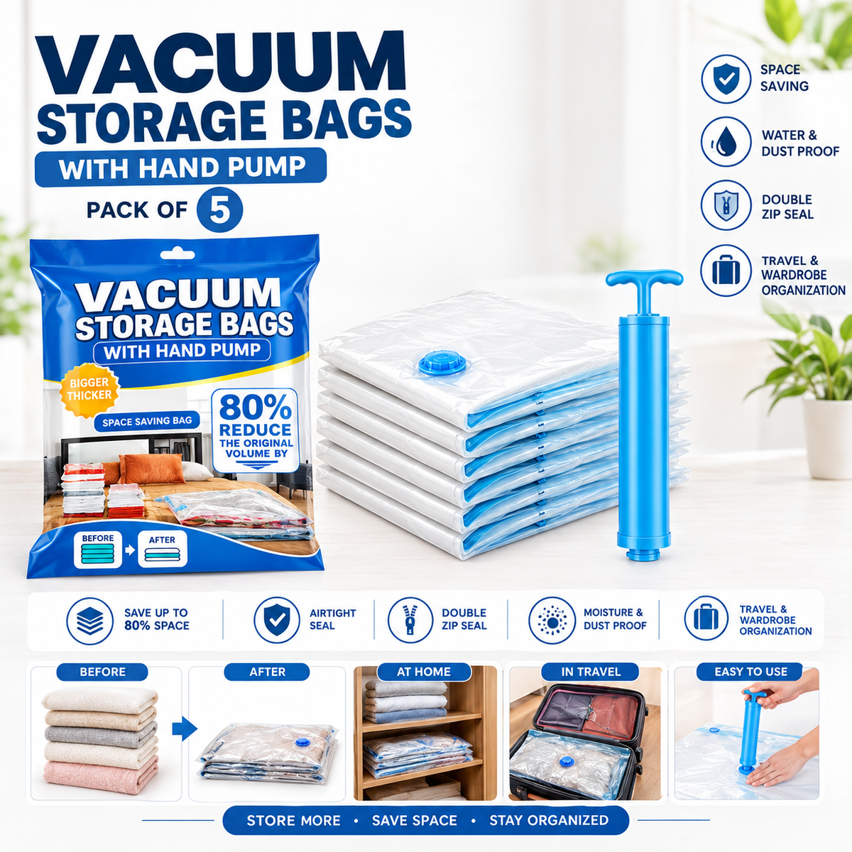 Premium 5-Pack Vacuum Storage Bags with Hand Pump