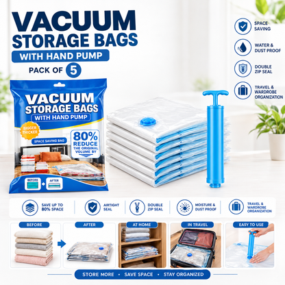 Premium 5-Pack Vacuum Storage Bags with Hand Pump