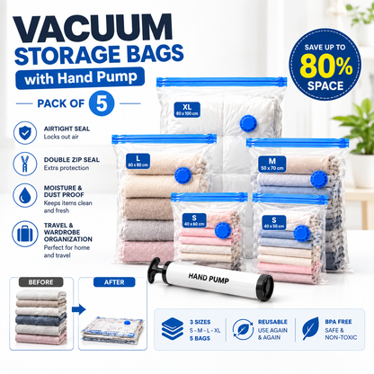 Premium 5-Pack Vacuum Storage Bags with Hand Pump