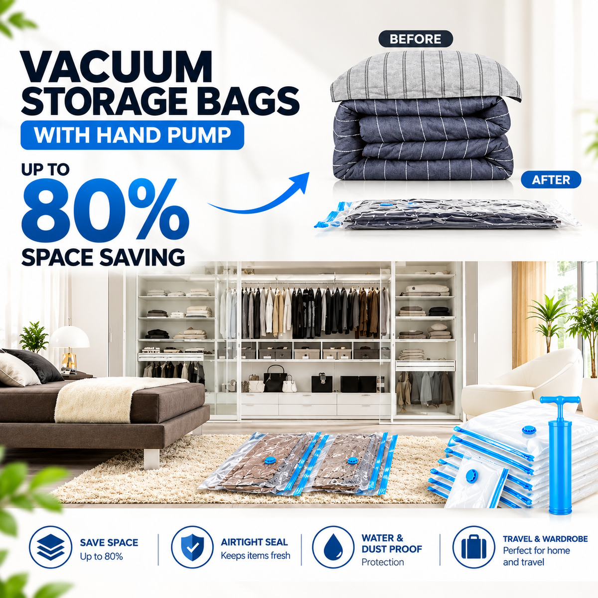 Premium 5-Pack Vacuum Storage Bags with Hand Pump