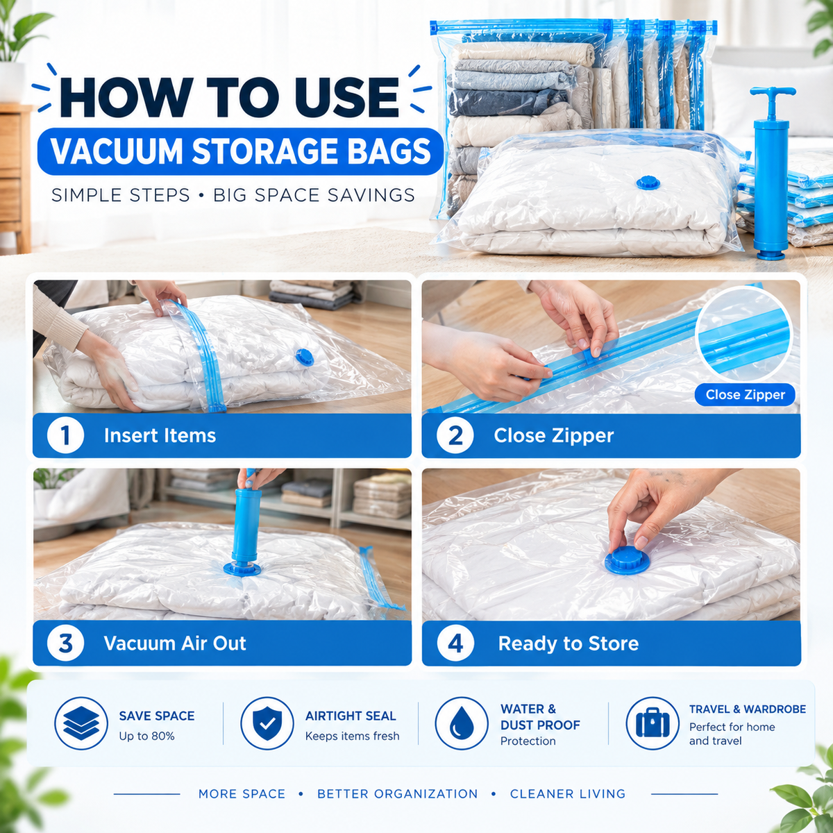 Premium 5-Pack Vacuum Storage Bags with Hand Pump