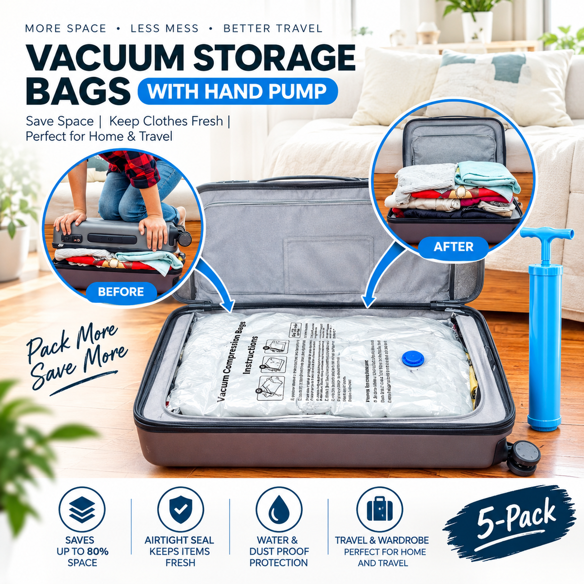 Premium 5-Pack Vacuum Storage Bags with Hand Pump