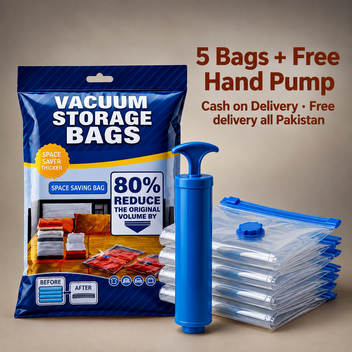 Premium 5-Pack Vacuum Storage Bags with Hand Pump