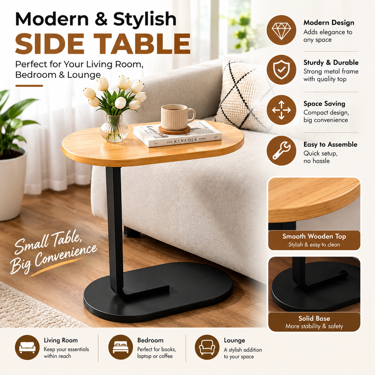 Modern C-Shaped Side Table & Laptop Desk